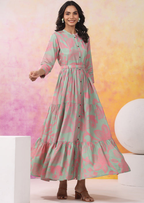 Dusty Green & Pink Muslin Long Dress