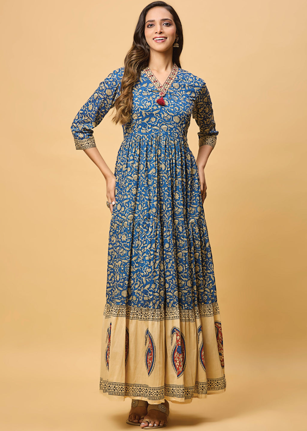 Ink Blue & Beige Cotton Long Dress