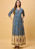 Ink Blue & Beige Cotton Long Dress