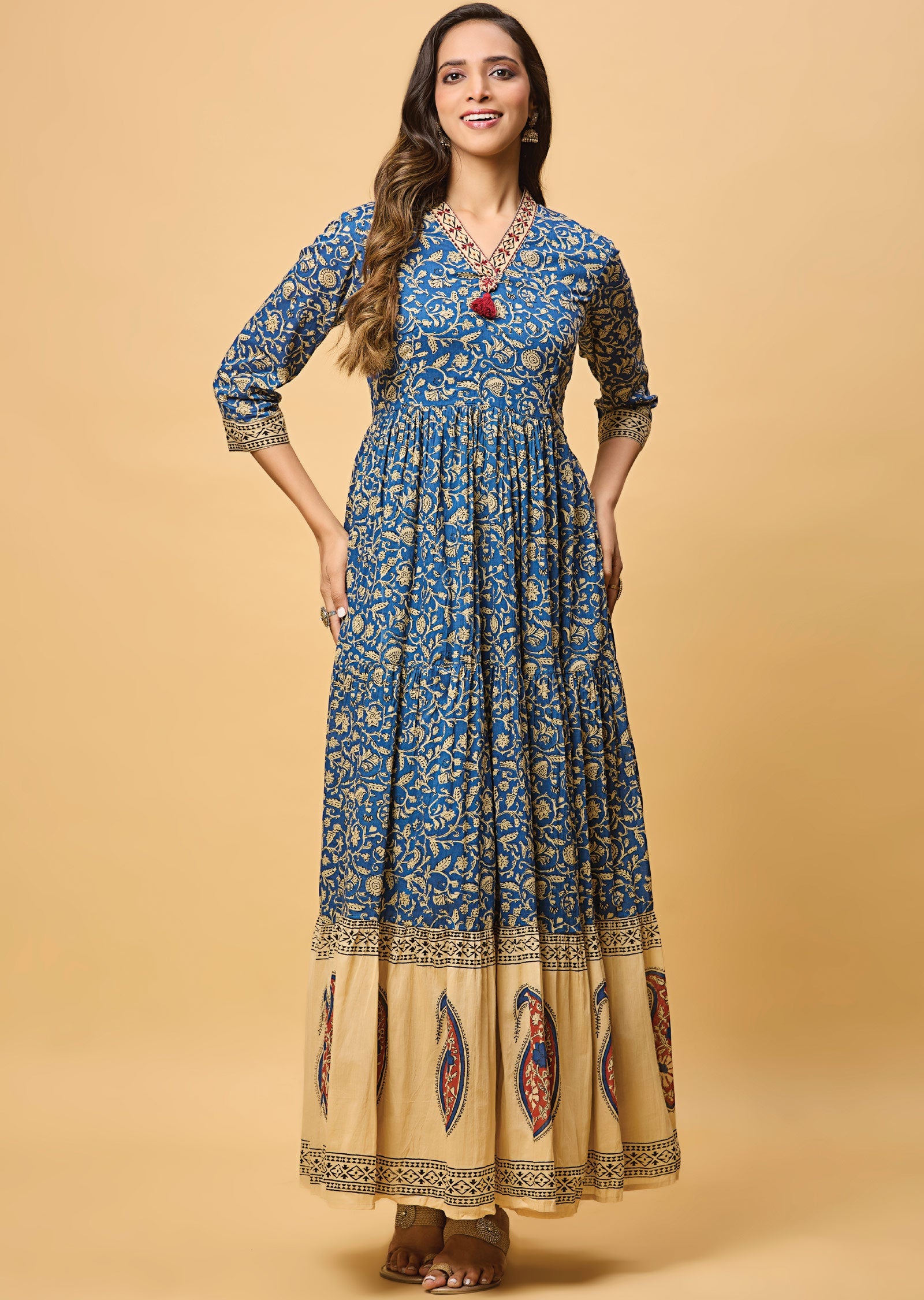 Ink Blue & Beige Cotton Long Dress