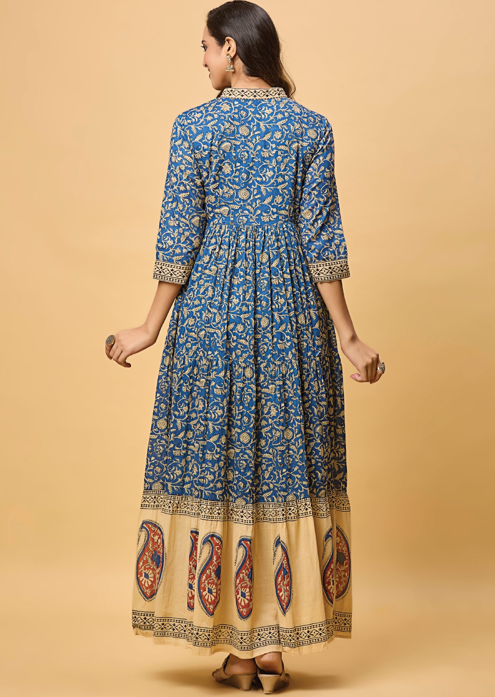 Ink Blue & Beige Cotton Long Dress