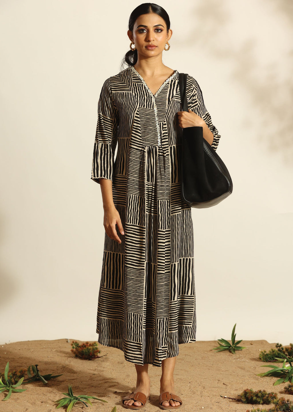 Black & Beige Russian Silk Long Dress