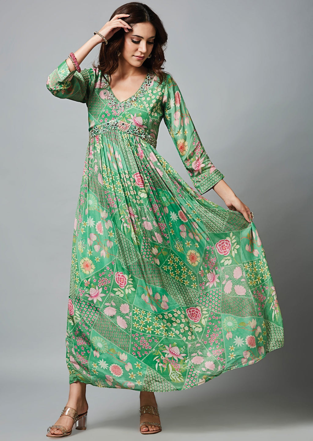 Green chinnon Long Dress