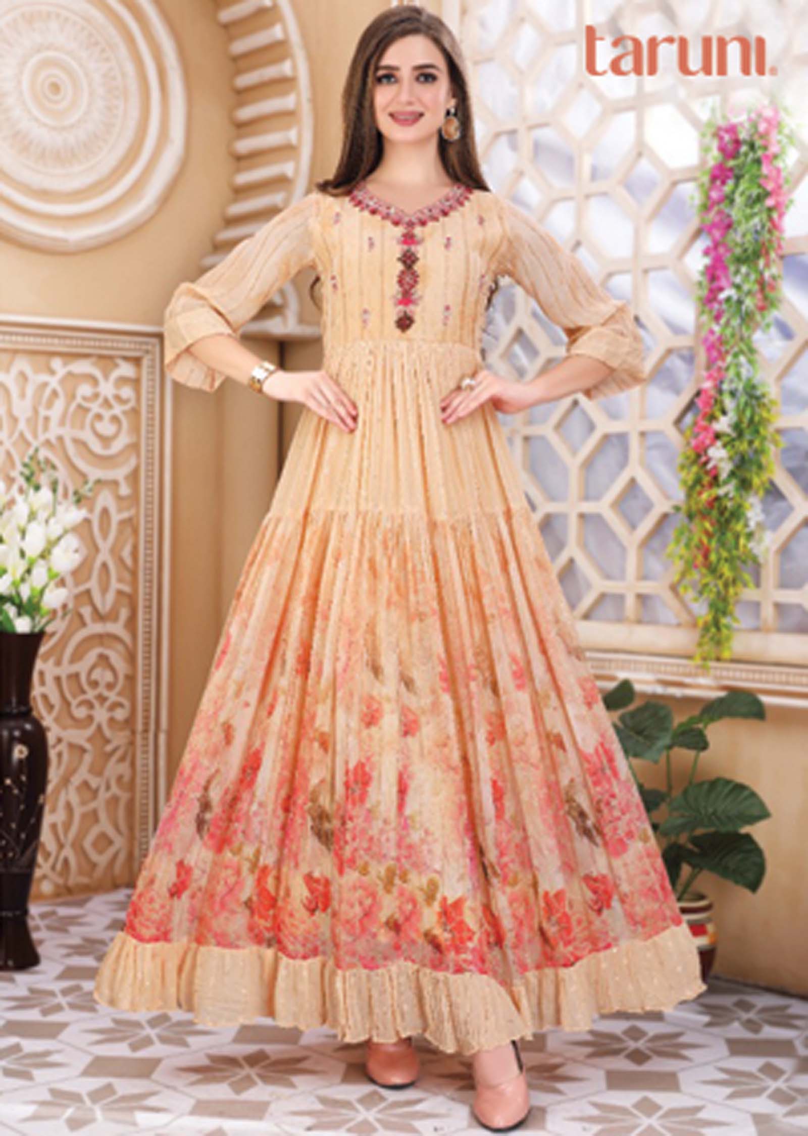 Peach Georgette Printed Long Dress