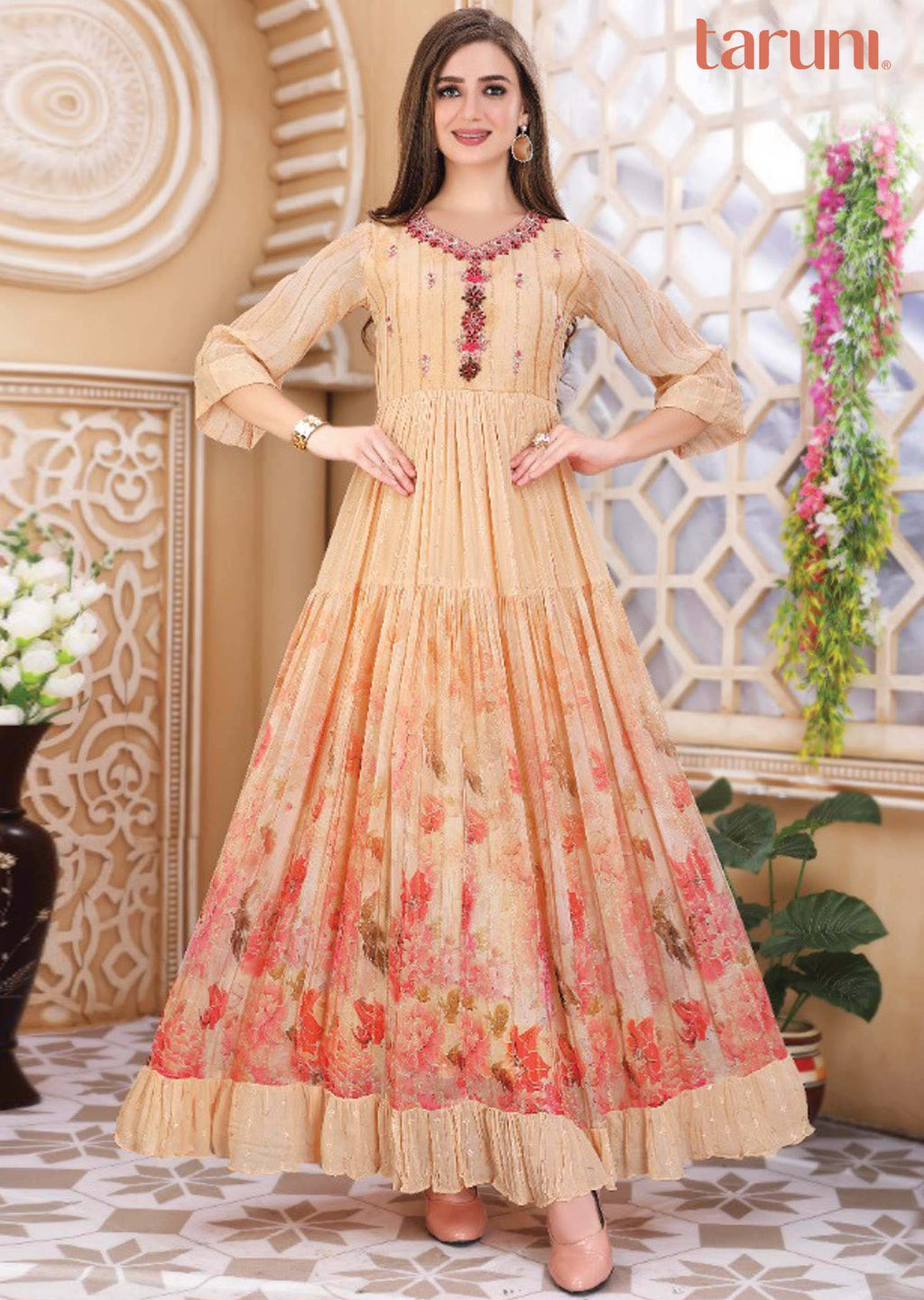 Peach Georgette Printed Long Dress