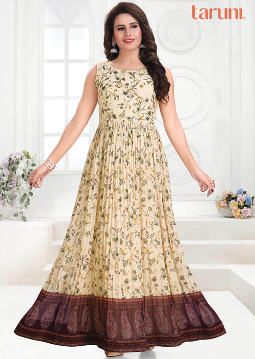 Dark cream Georgette Printed Long Dress