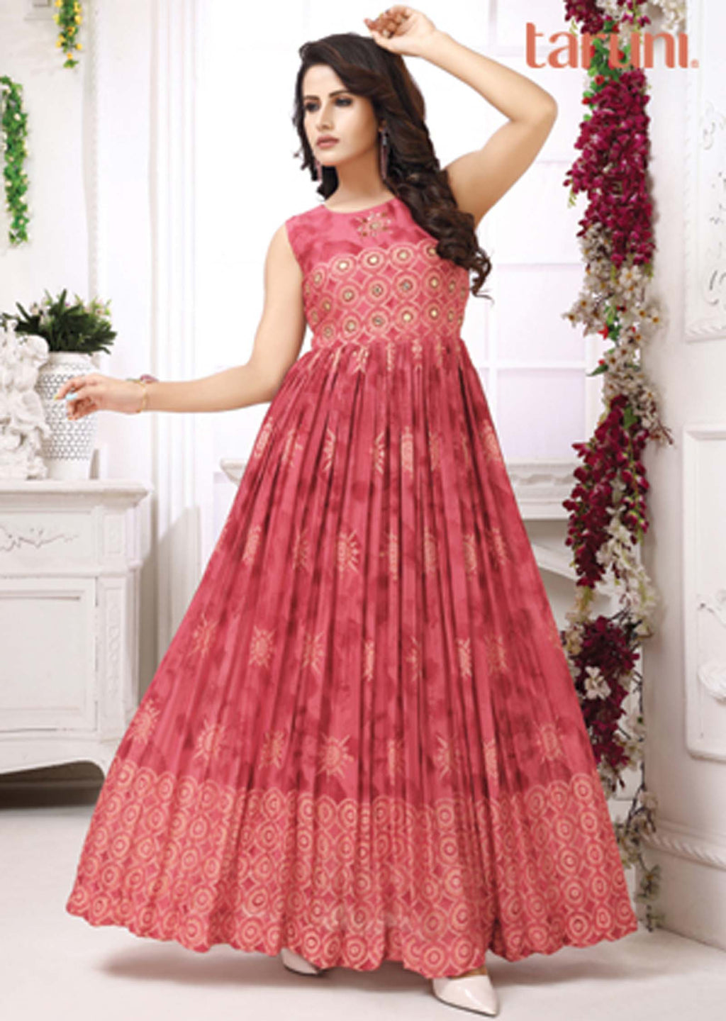 Pink Chiffon Printed Long Dress