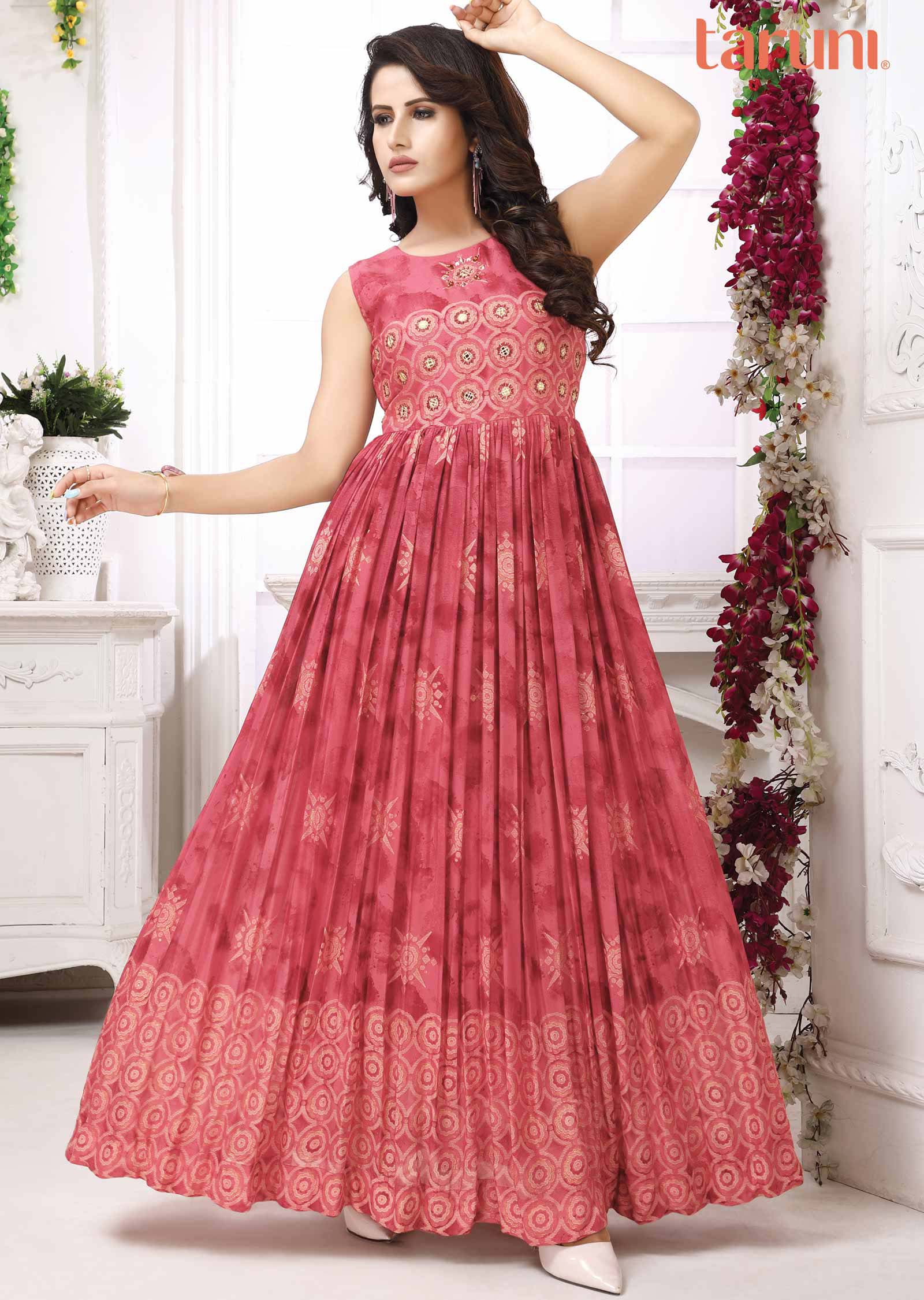 Pink Chiffon Printed Long Dress