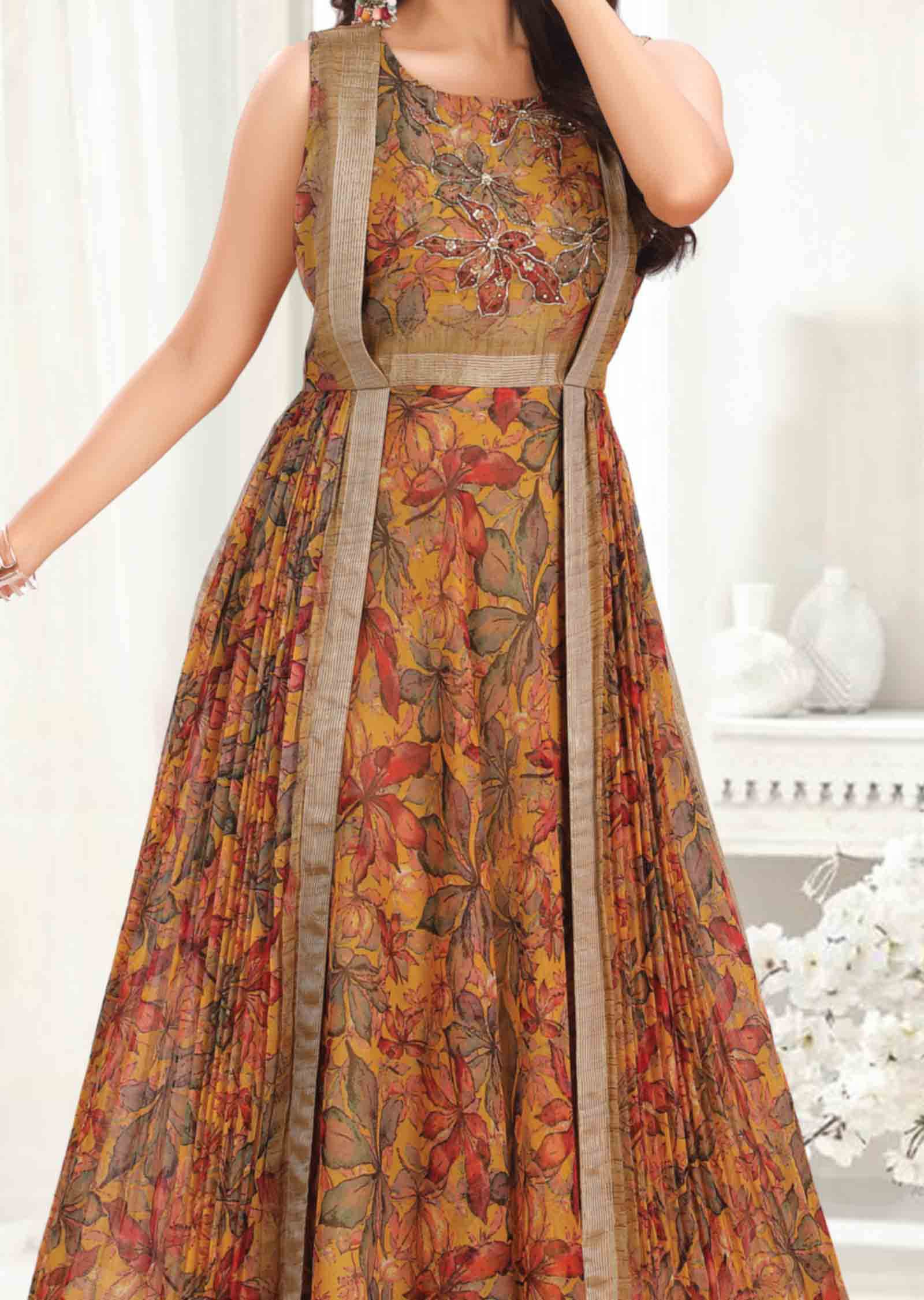 Mustard Chiffon Printed Long Dress