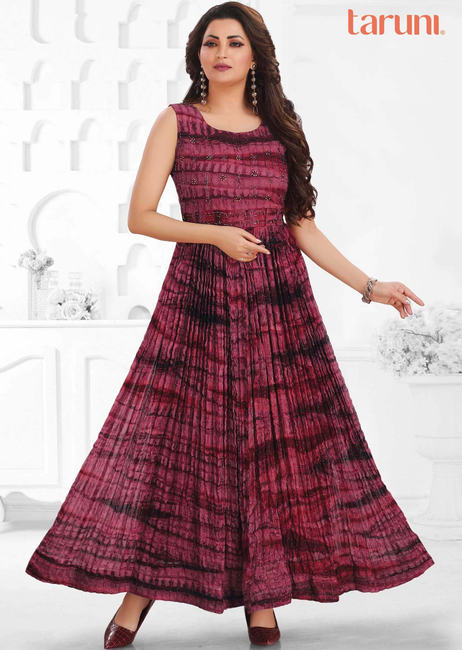 Magenta Georgette Printed Long Dress