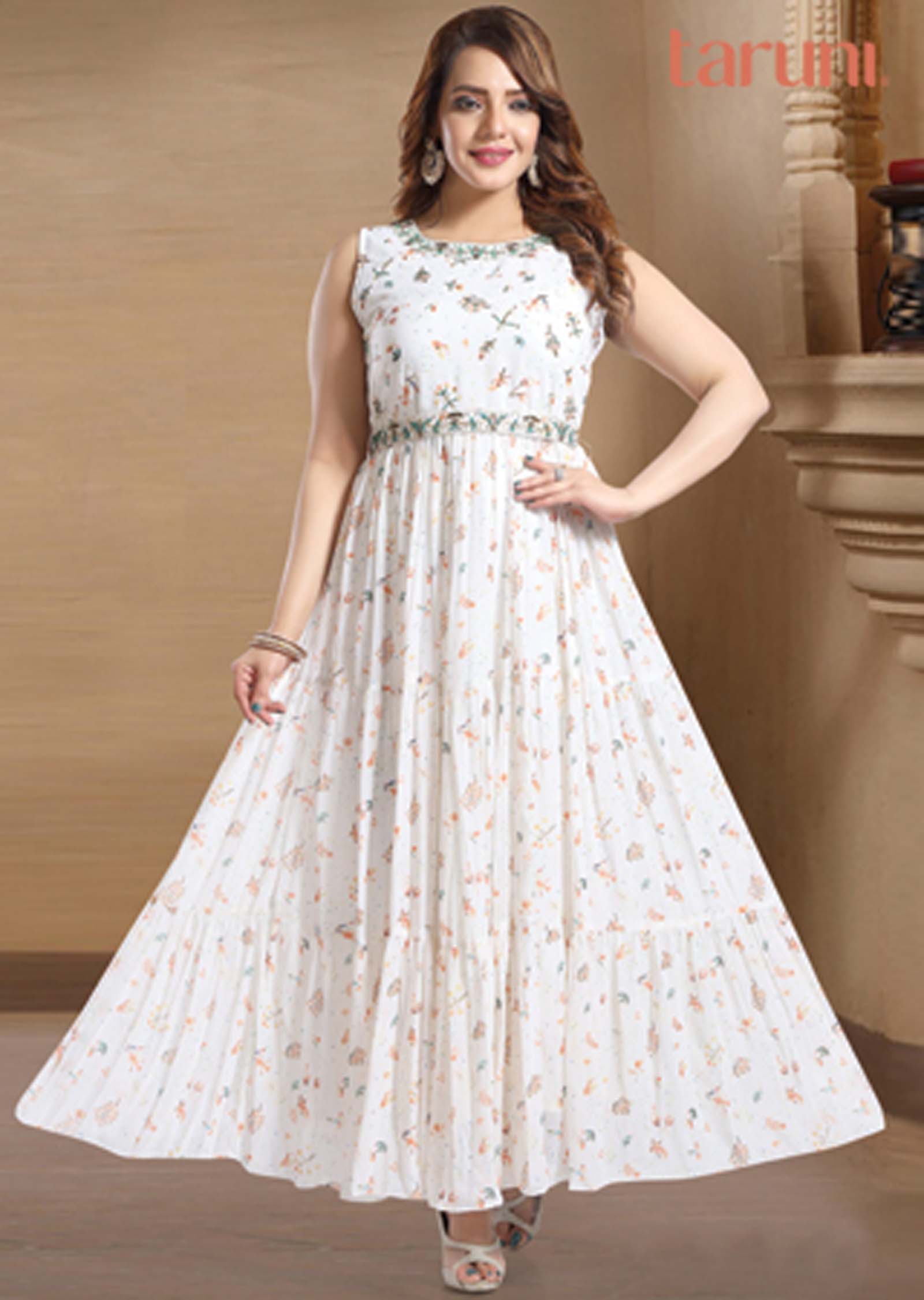 Off White Georgette Printed Long Dress