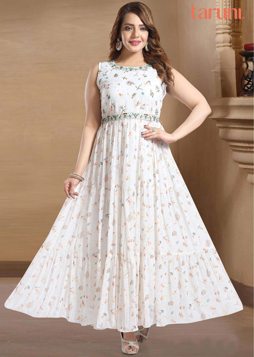 Off White Georgette Printed Long Dress