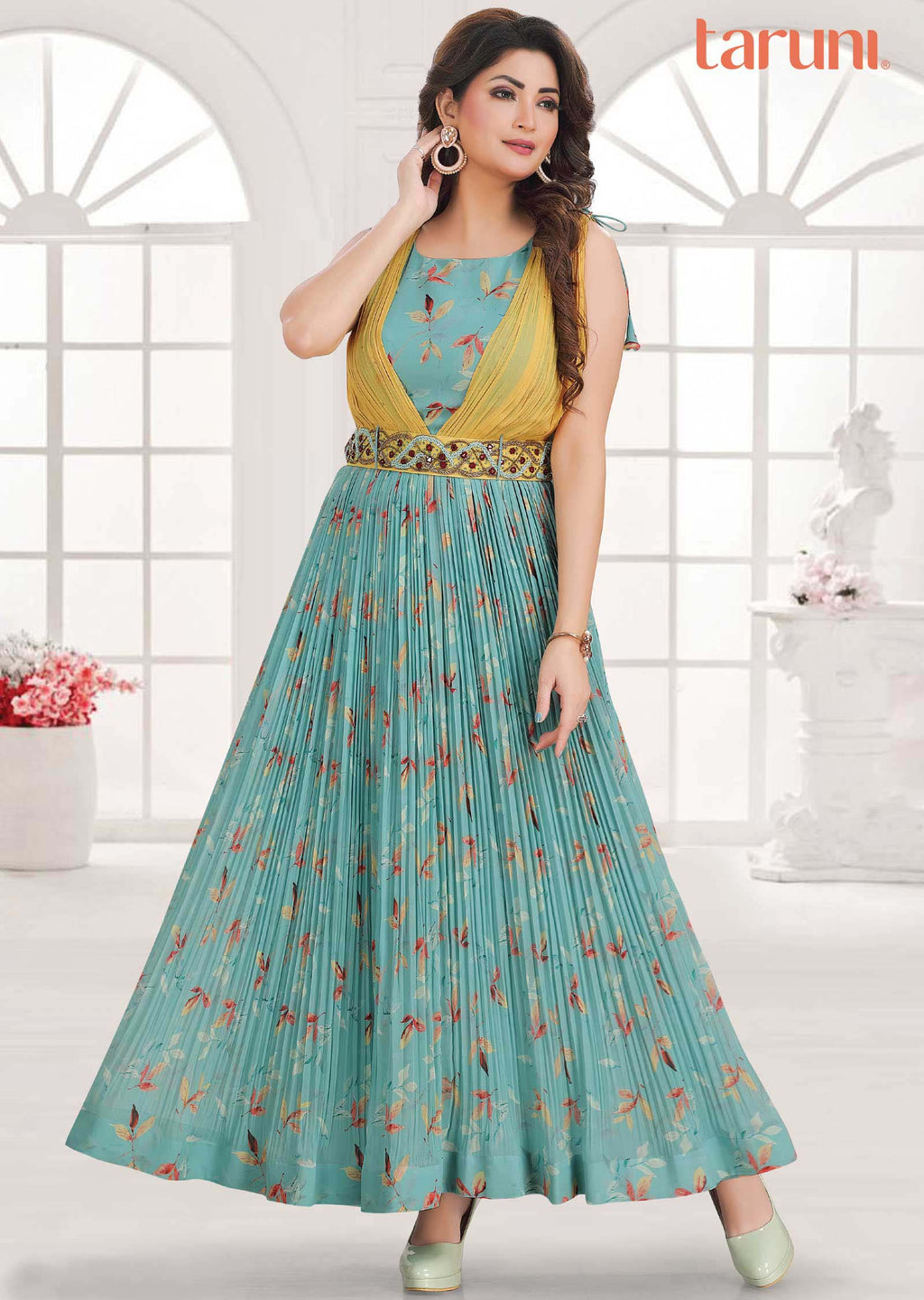 Sea Green Georgette Printed Long Dress