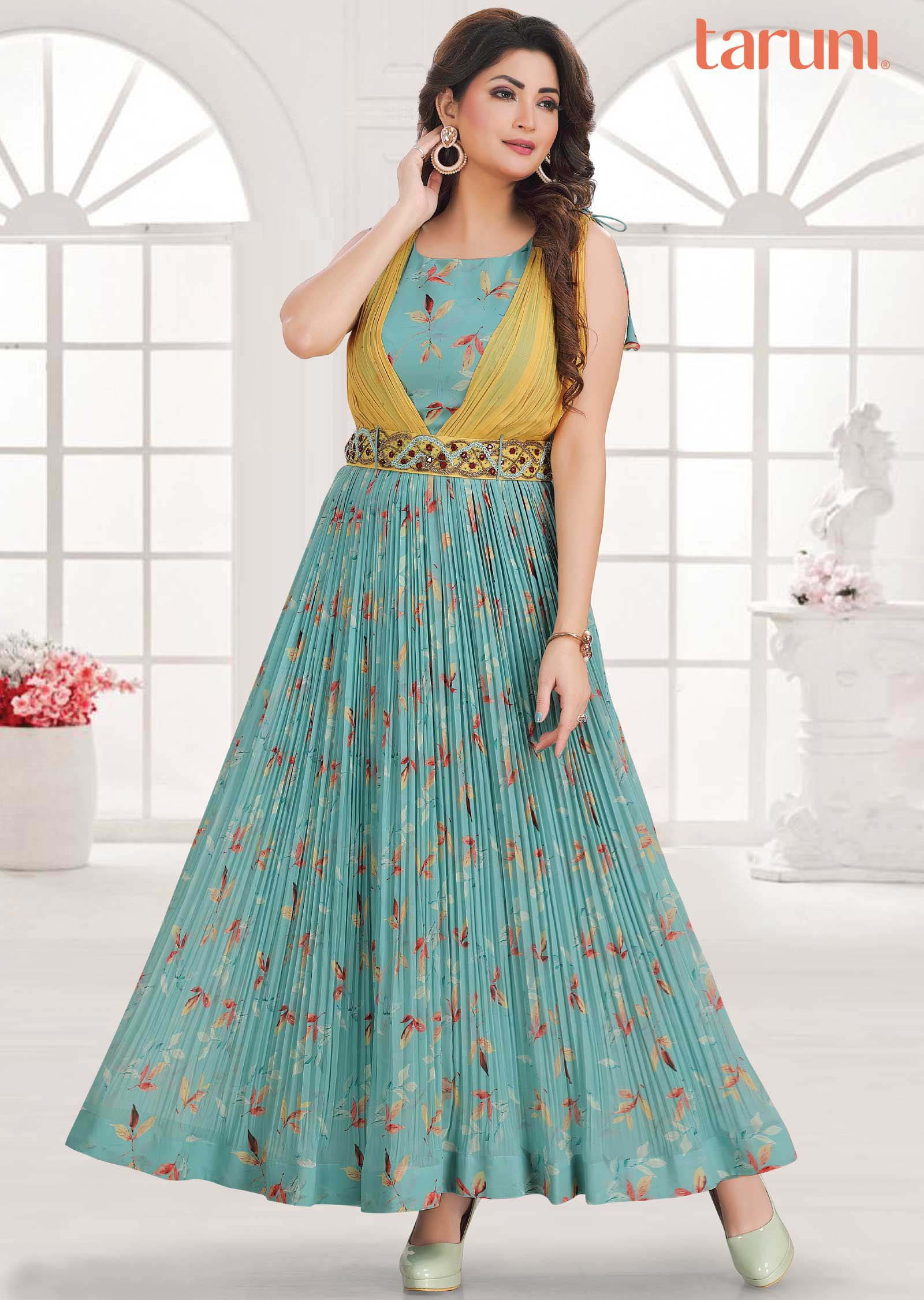 Sea Green Georgette Printed Long Dress