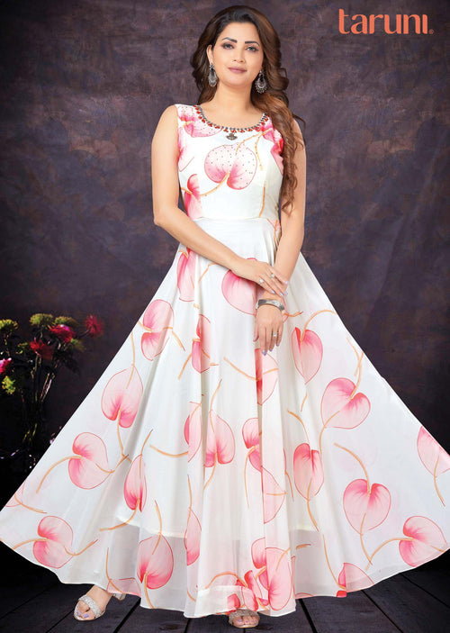 Cream Georgette Printed Long Dress