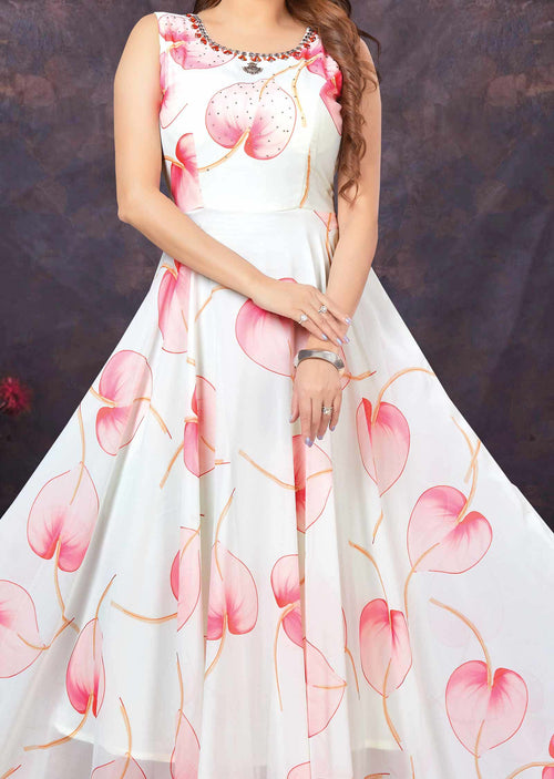 Cream Georgette Printed Long Dress