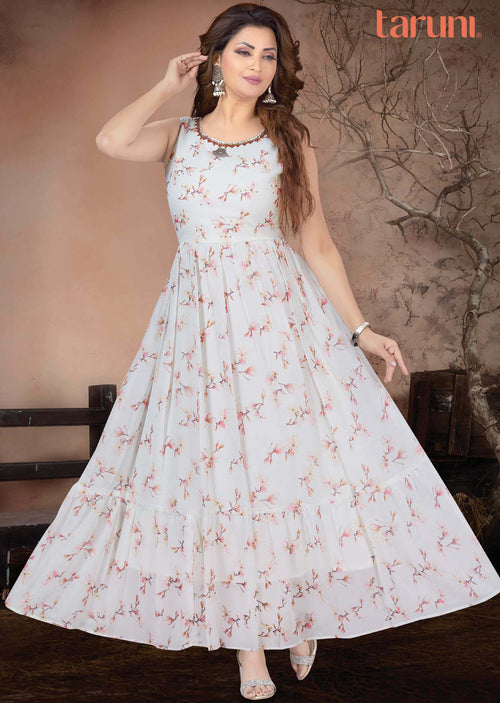 Cream Georgette Printed Long Dress