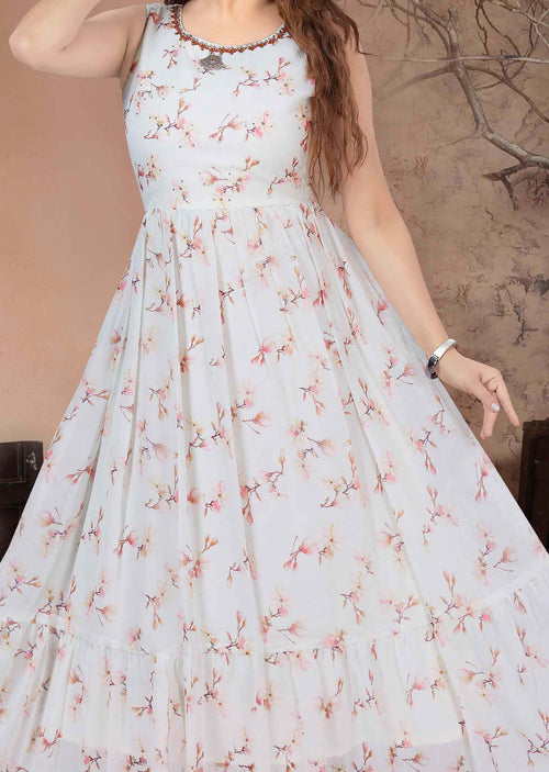 Cream Georgette Printed Long Dress