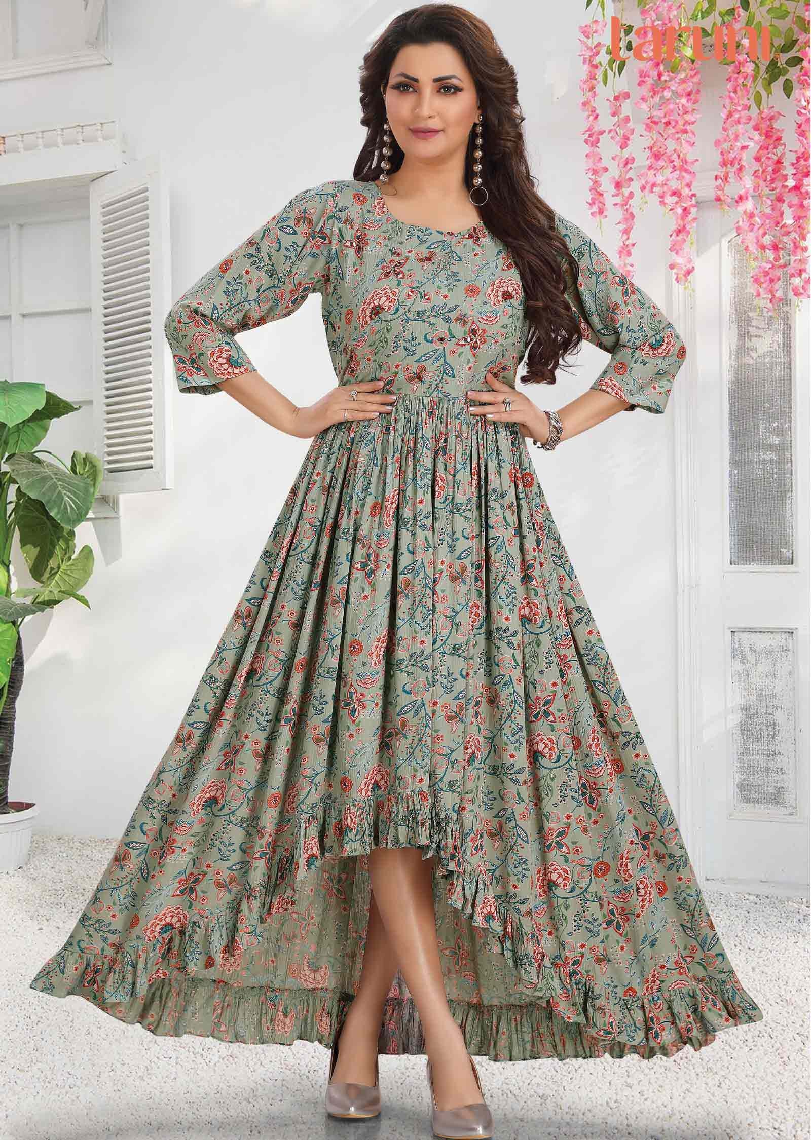 Grey Cursh Georgette Printed Long Dress
