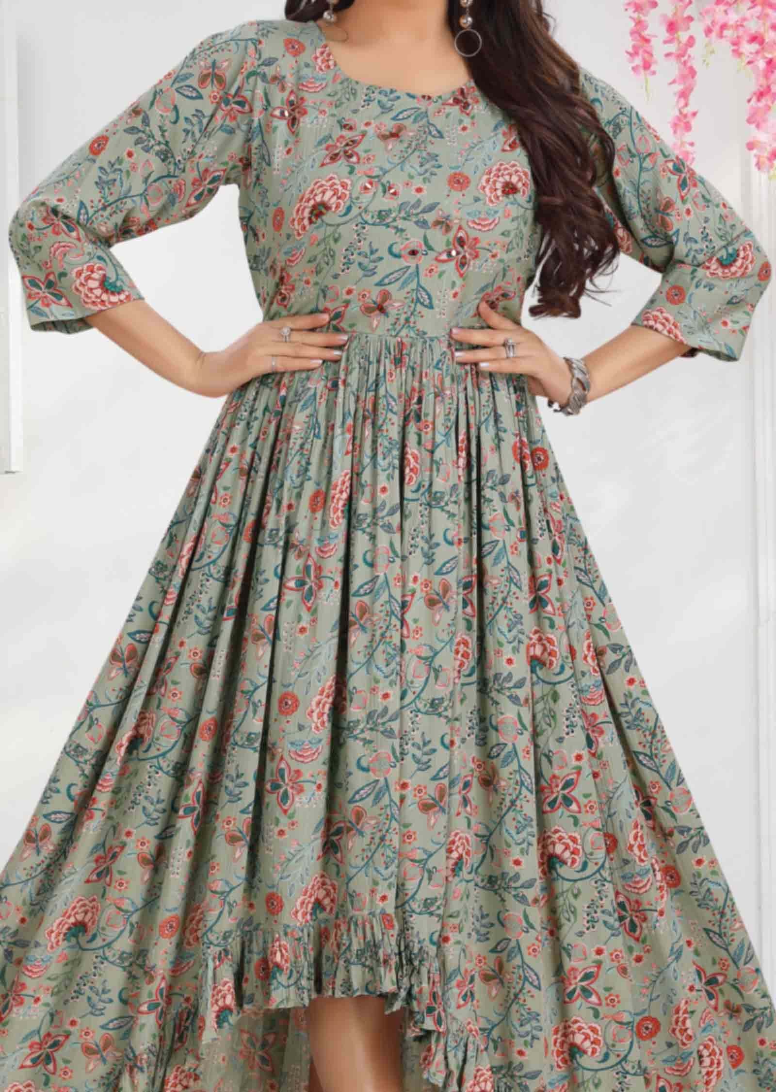 Grey Cursh Georgette Printed Long Dress