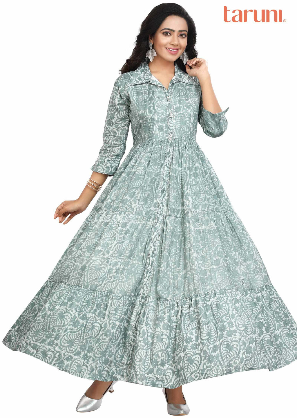 Grey Cotton Printed Long Dress