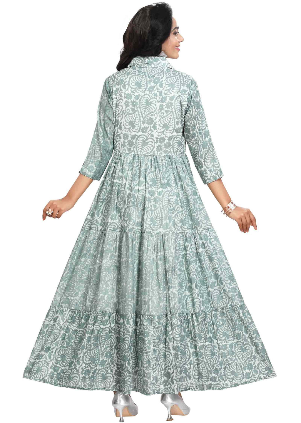 Grey Cotton Printed Long Dress