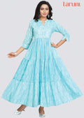 Light Blue Cotton Printed Long Dress
