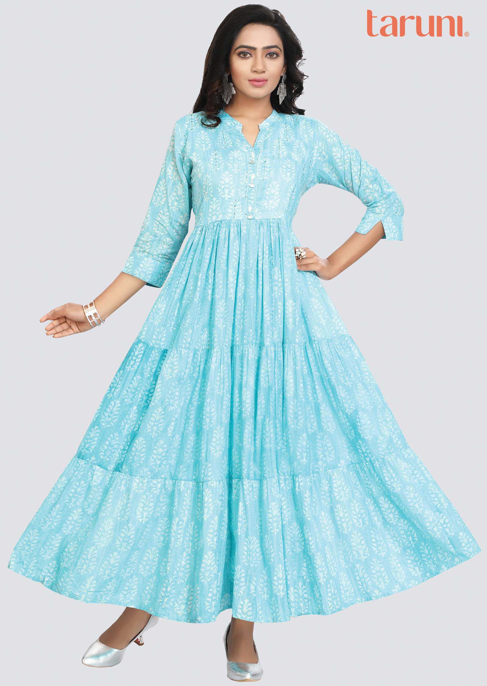 Light Blue Cotton Printed Long Dress