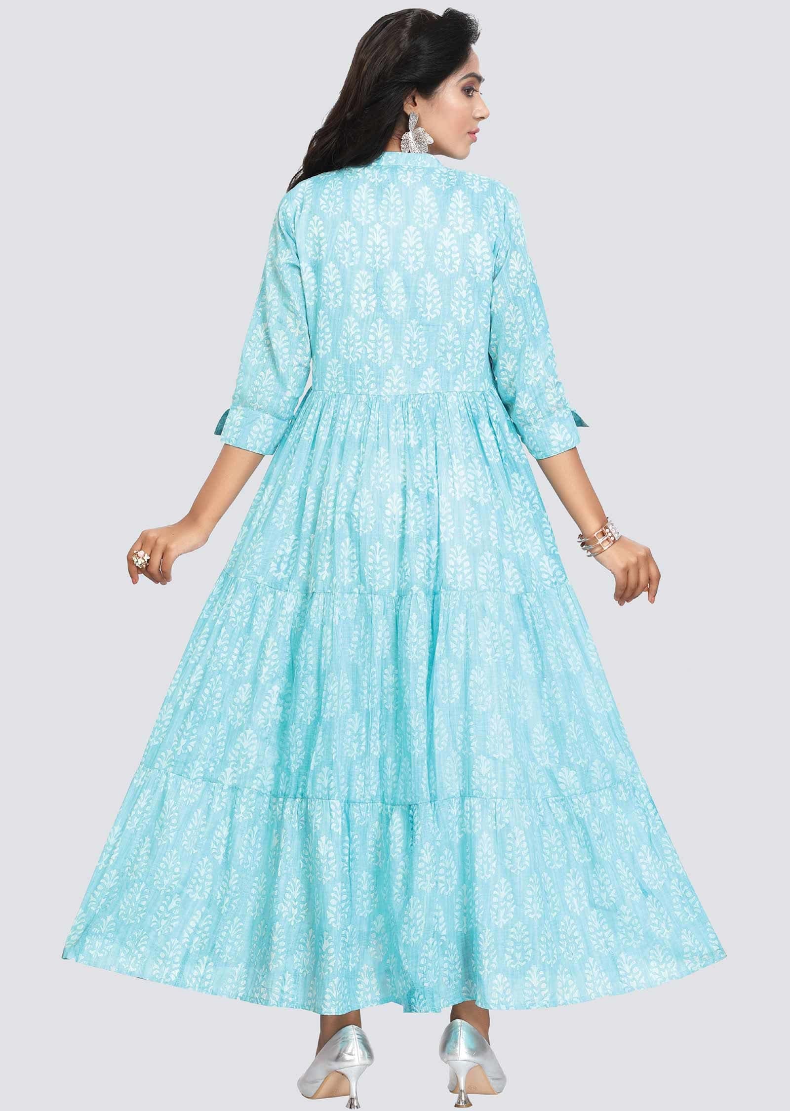Light Blue Cotton Printed Long Dress
