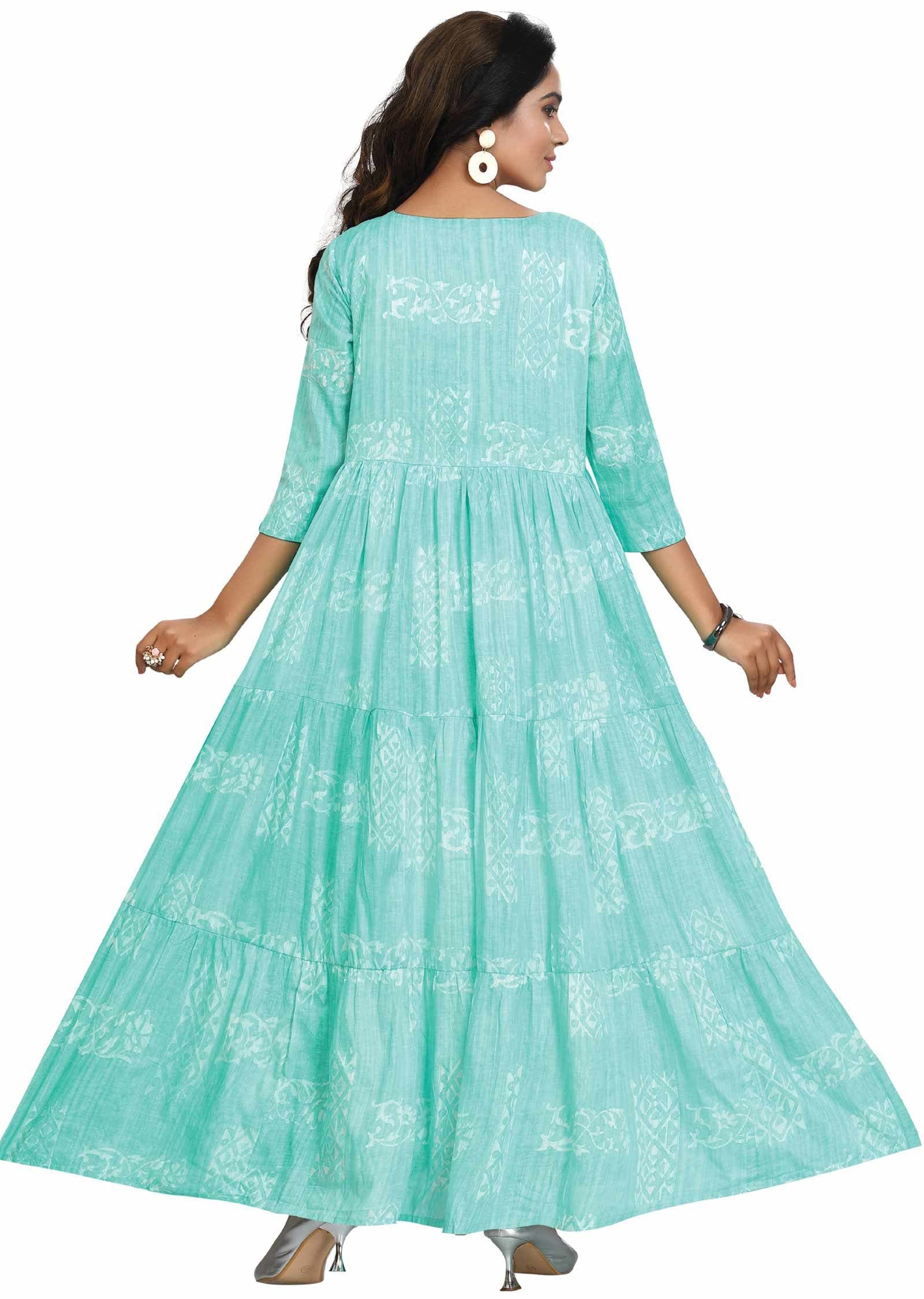 Sea Green Cotton Printed Long Dress