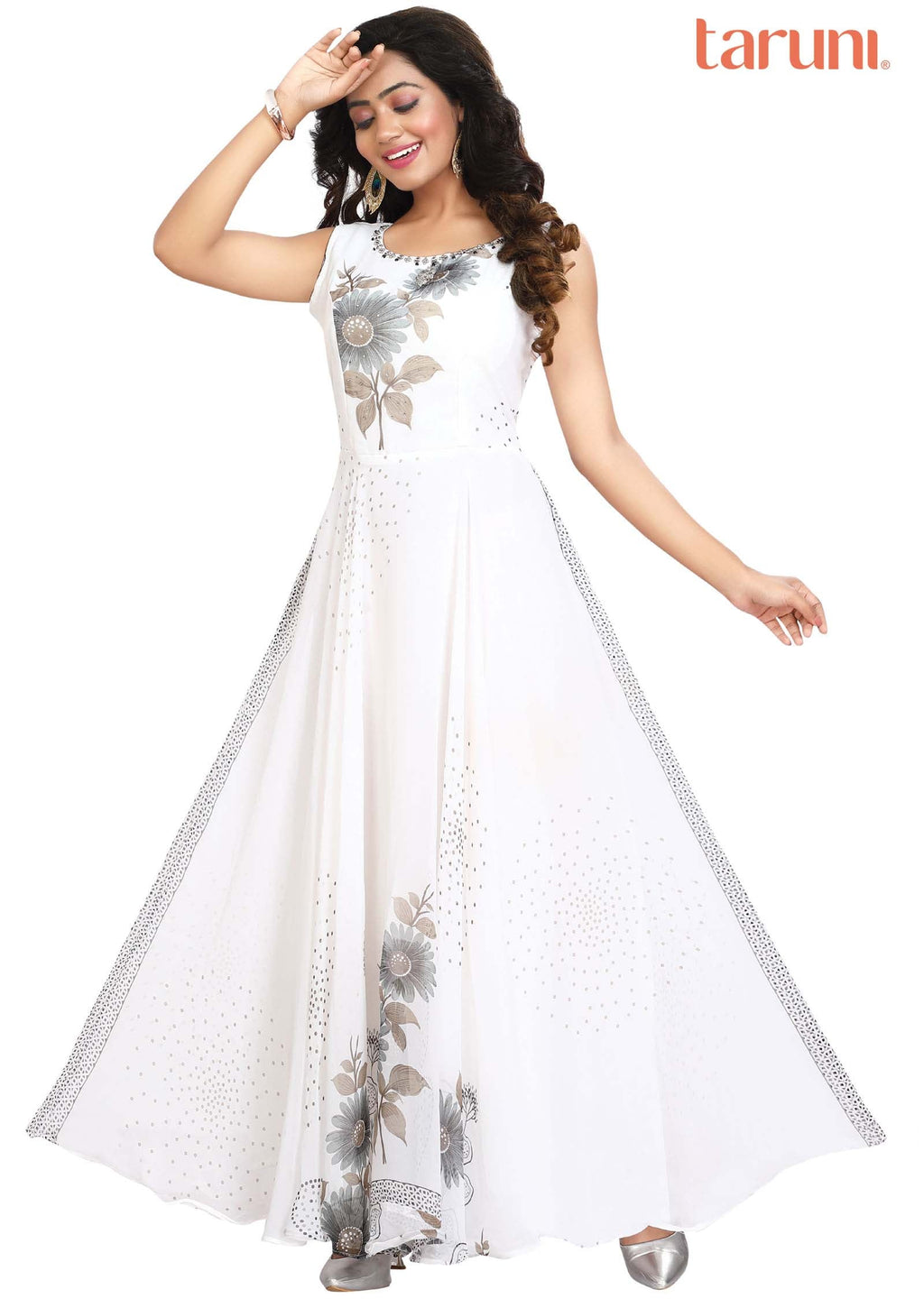 Off White Georgette Printed Long Dress
