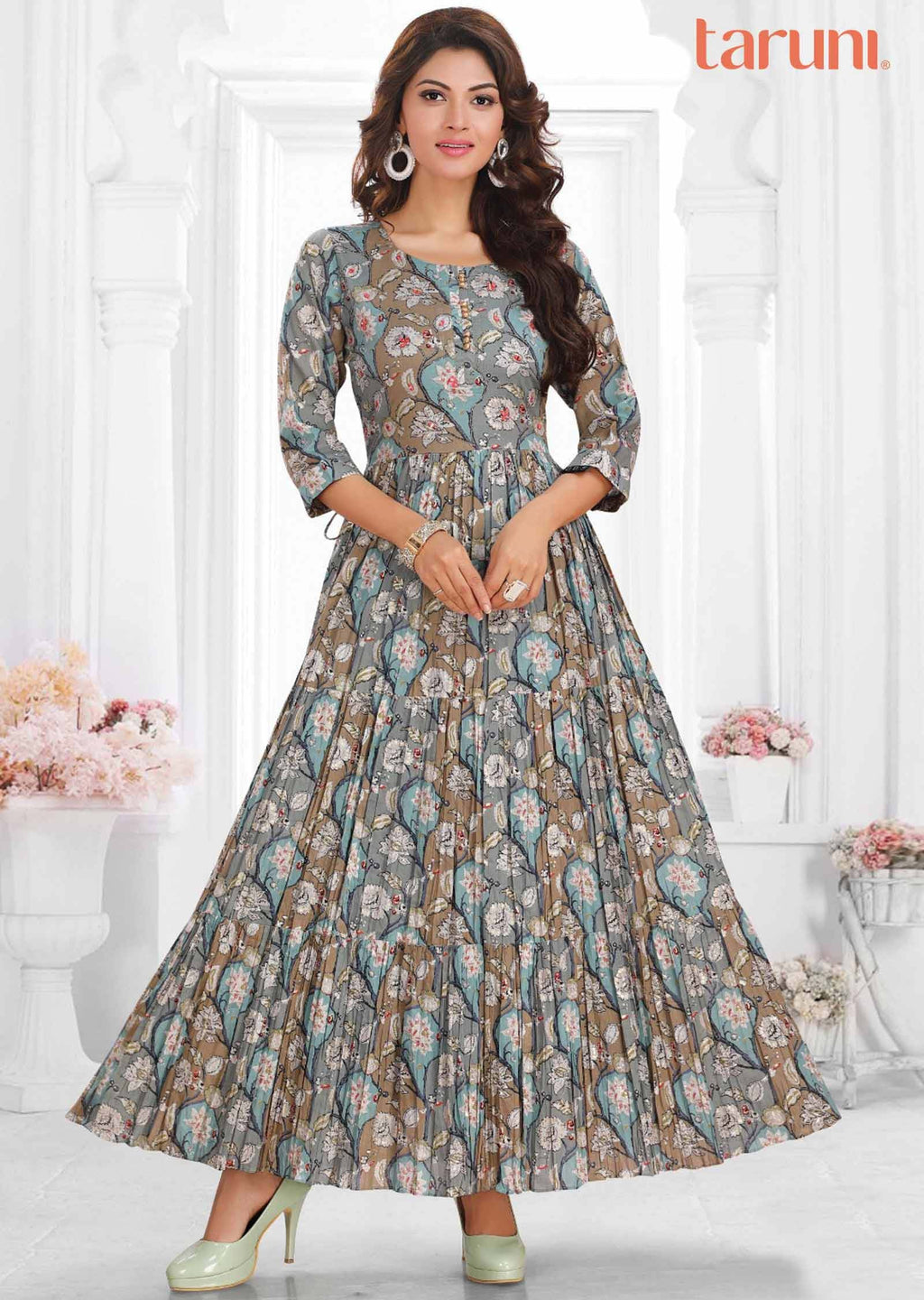Grey Cotton Printed Long Dress