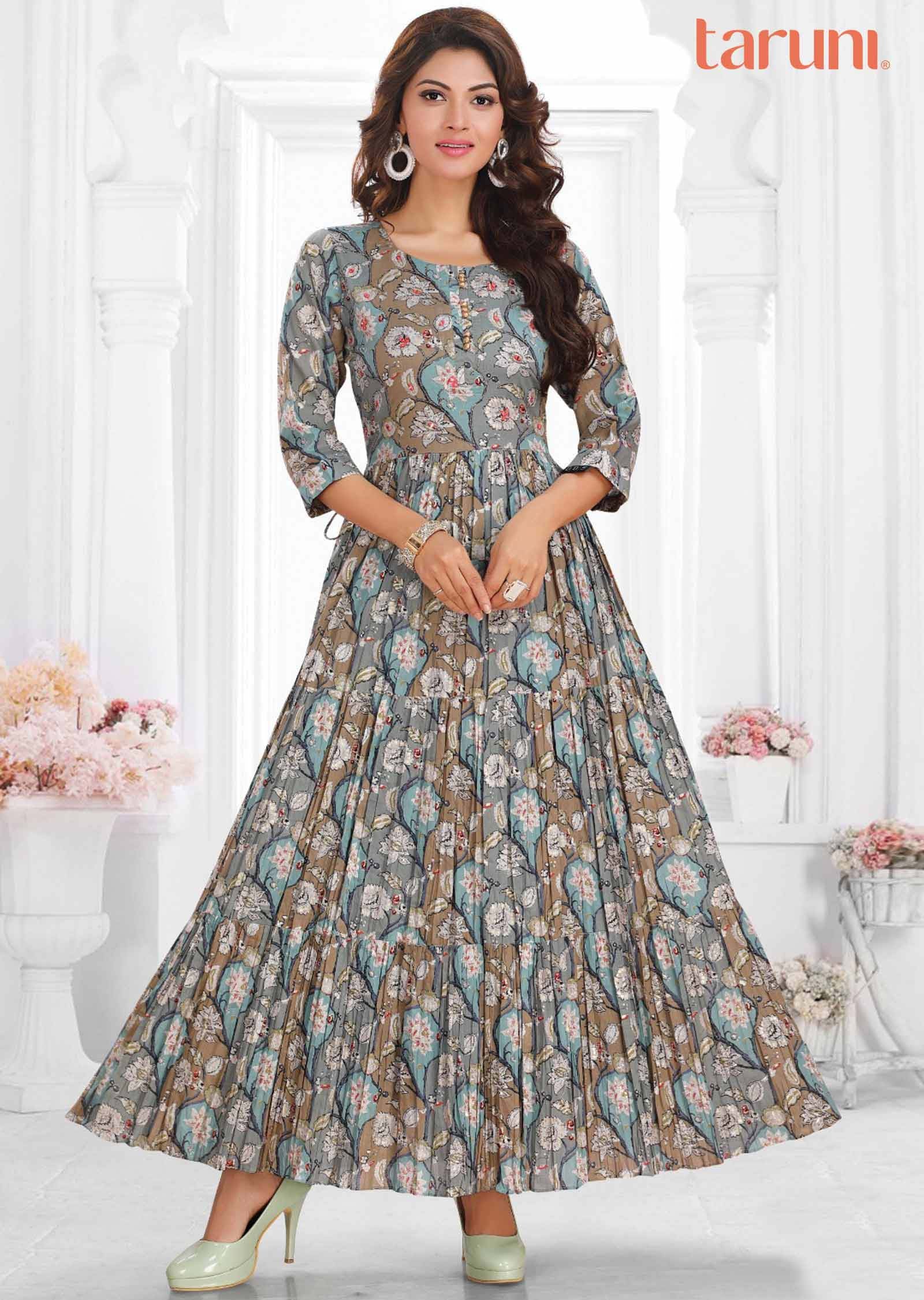 Grey Cotton Printed Long Dress