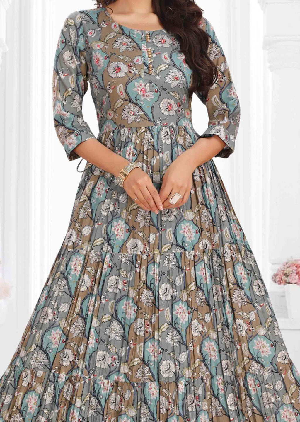 Grey Cotton Printed Long Dress