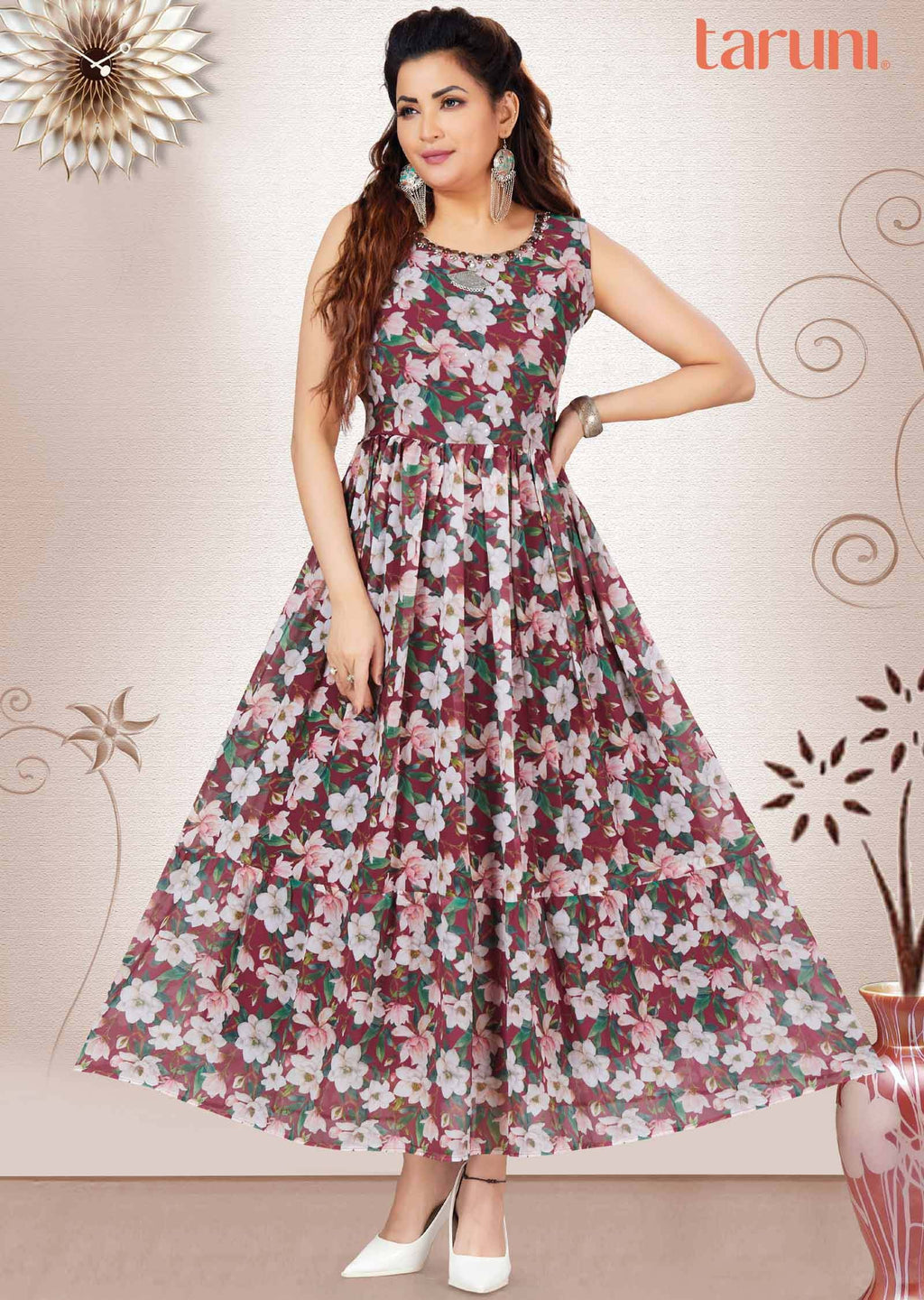 Maroon Georgette Floral Printed Long Dress