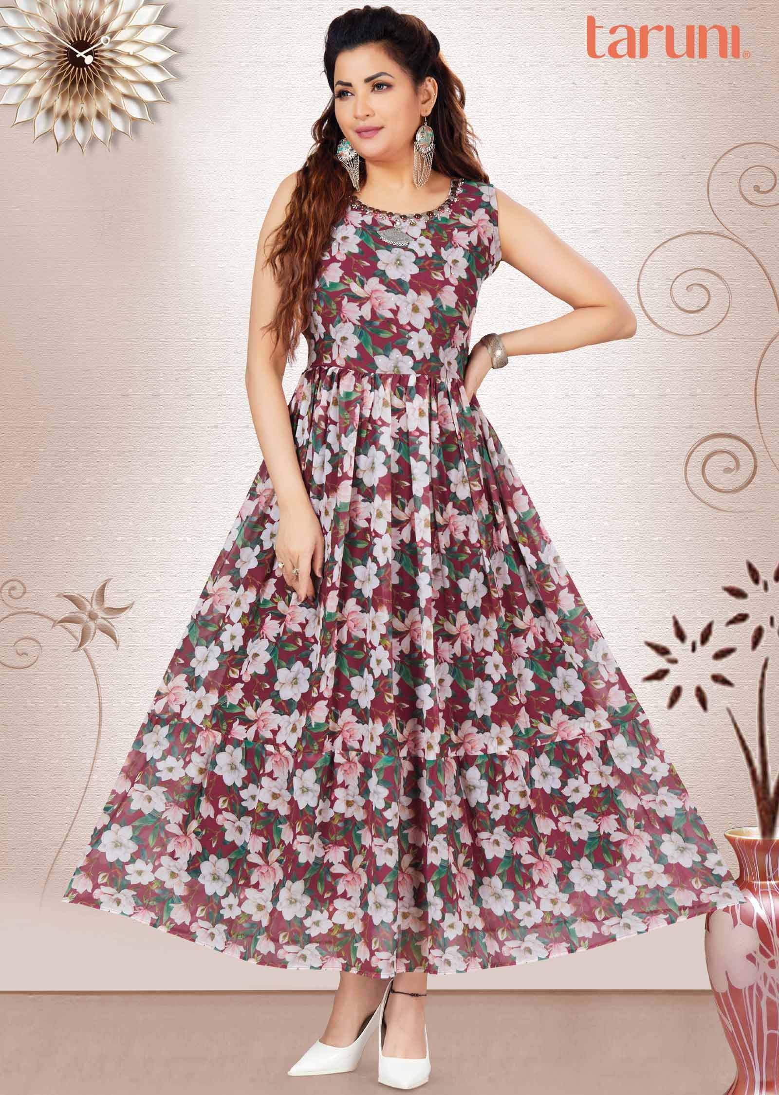 Maroon Georgette Floral Printed Long Dress
