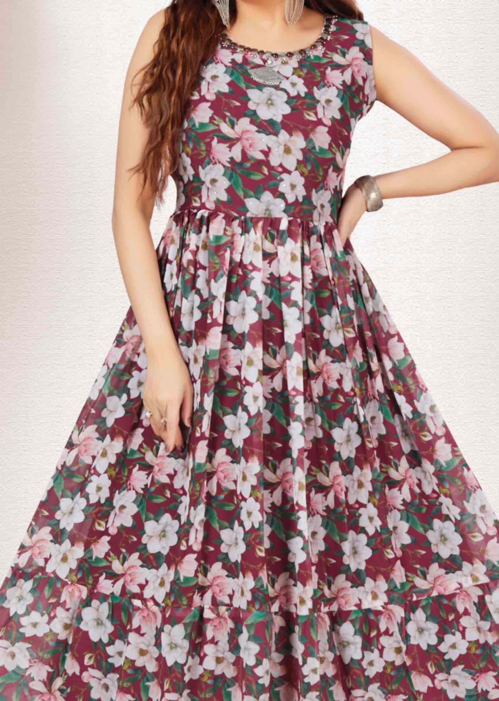 Maroon Georgette Floral Printed Long Dress