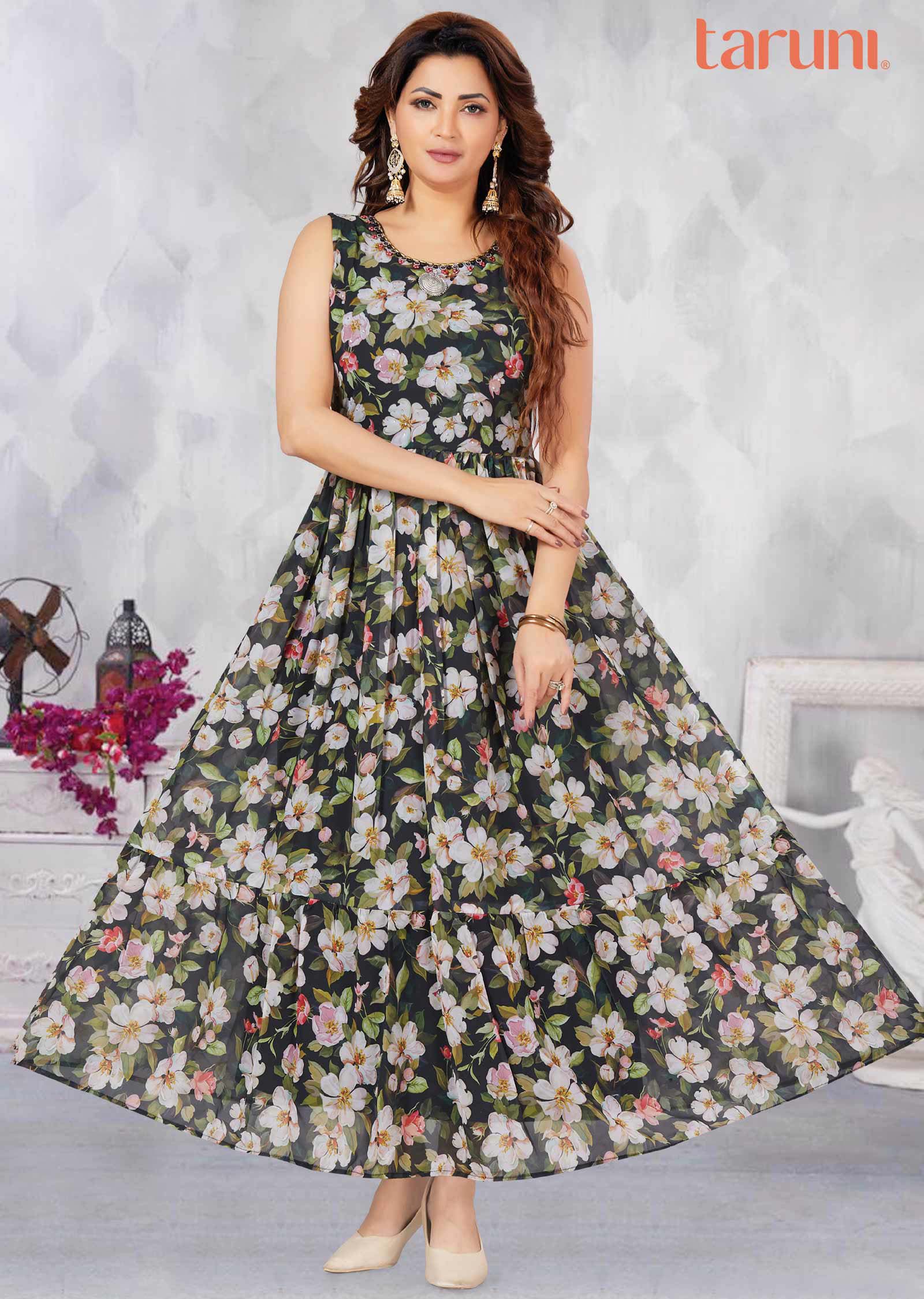 Bottle Green Georgette Floral Printed Long Dress