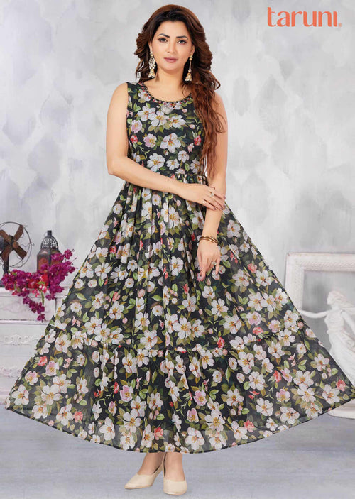 Bottle Green Georgette Floral Printed Long Dress