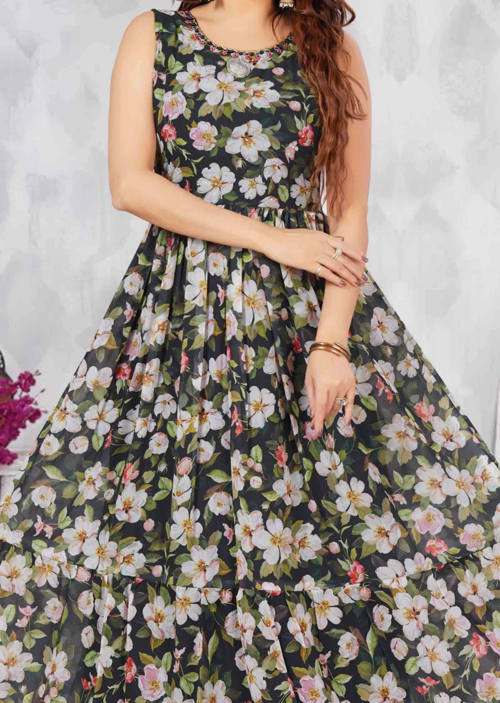 Bottle Green Georgette Floral Printed Long Dress