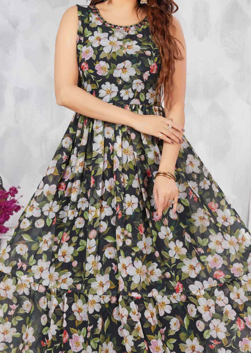 Bottle Green Georgette Floral Printed Long Dress