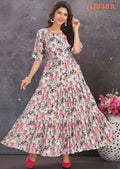 Off White Linen Cotton Floral Printed Long Dress