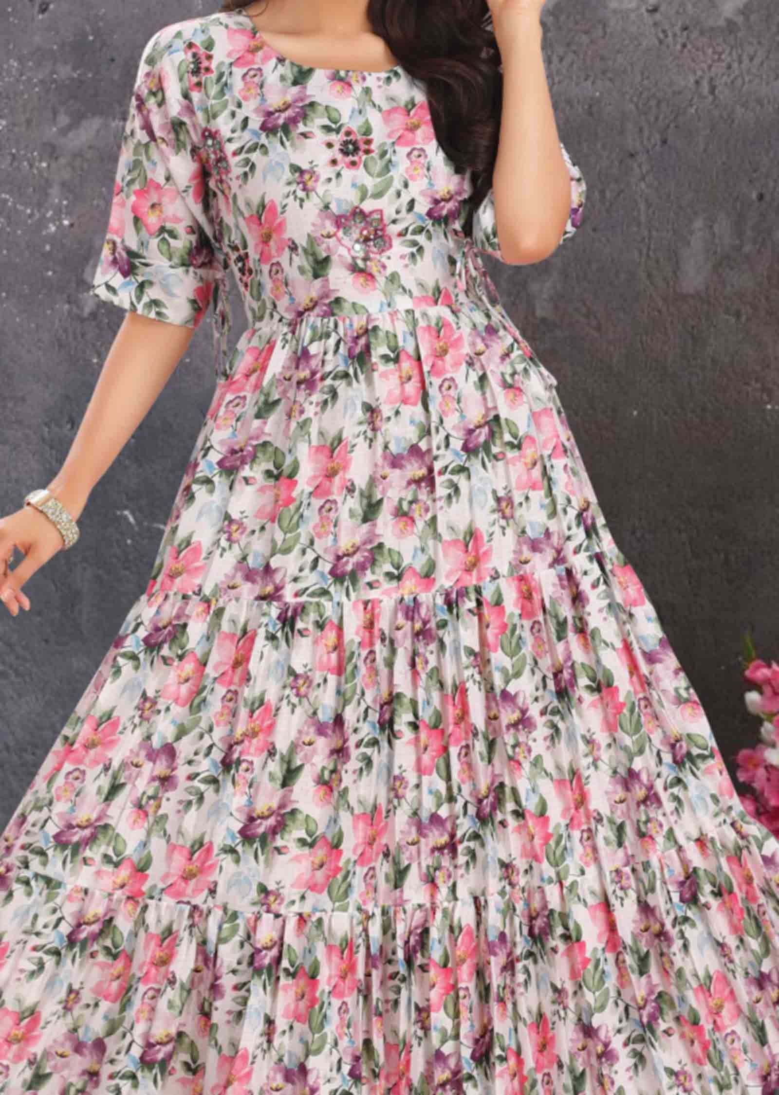 Off White Linen Cotton Floral Printed Long Dress
