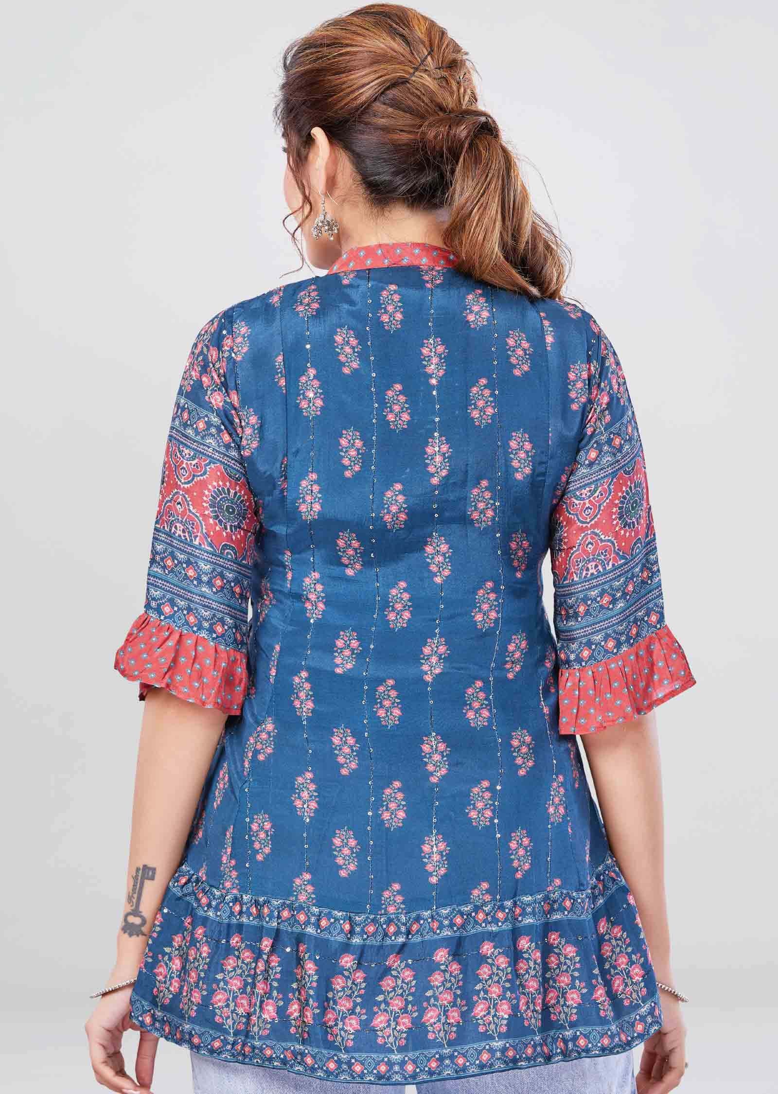 Light Blue Muslin Printed Short Kurti