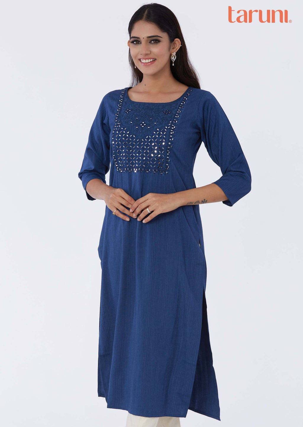 Blue Reyon Mirror work Straight Cut Kurti