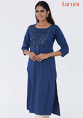 Blue Reyon Mirror work Straight Cut Kurti