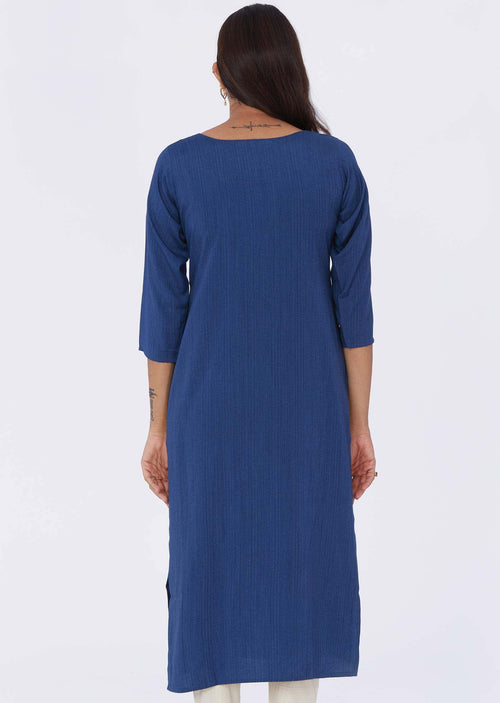 Blue Reyon Mirror work Straight Cut Kurti
