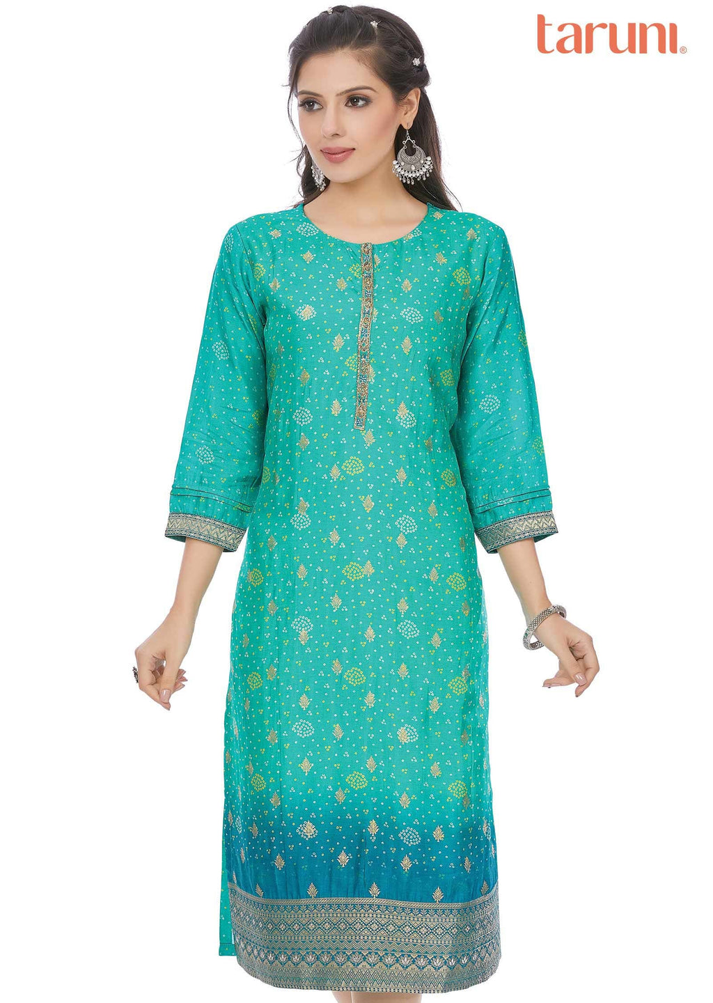 Green Banaras Silk Printed Straight Cut Kurti