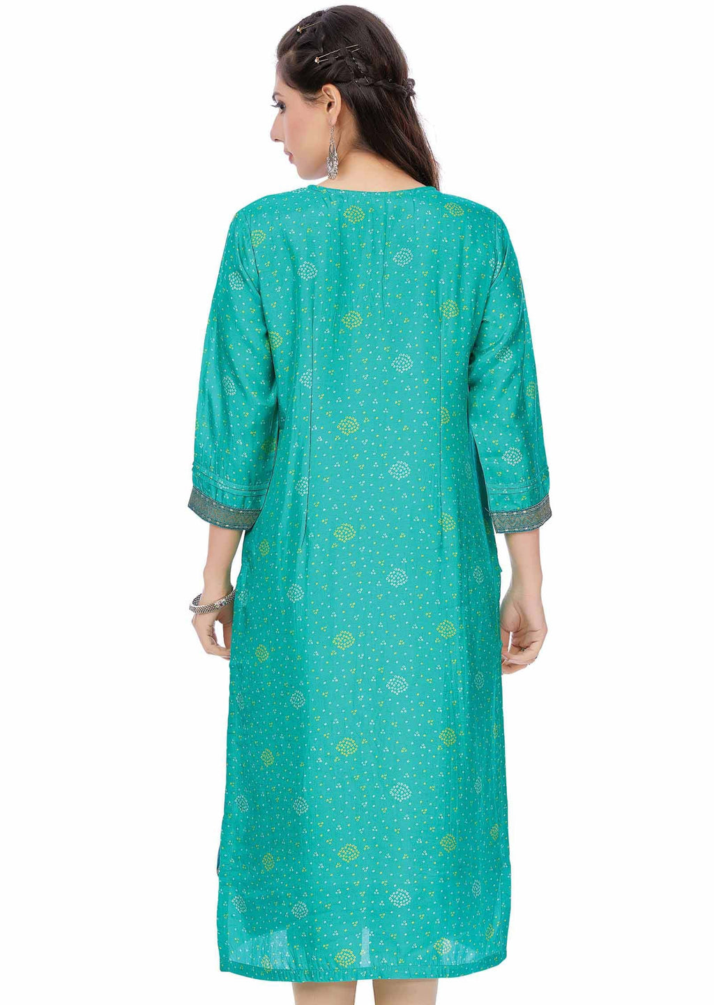 Green Banaras Silk Printed Straight Cut Kurti