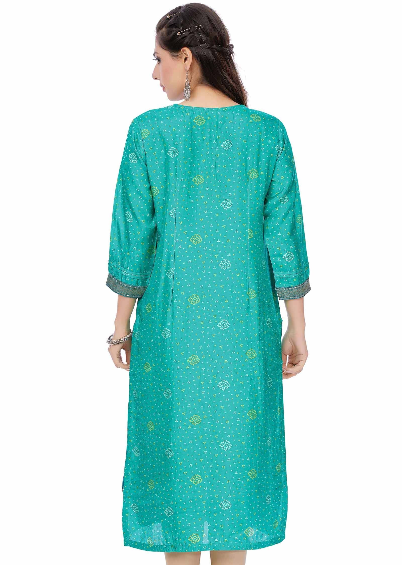 Green Banaras Silk Printed Straight Cut Kurti